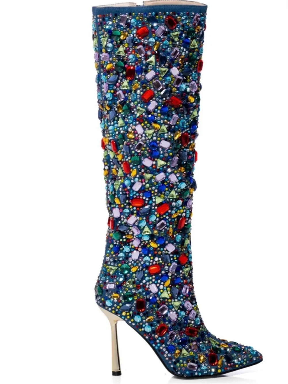 Azalea Wang Multicolor Rhinestone denim knee high boots gold stiletto size 10